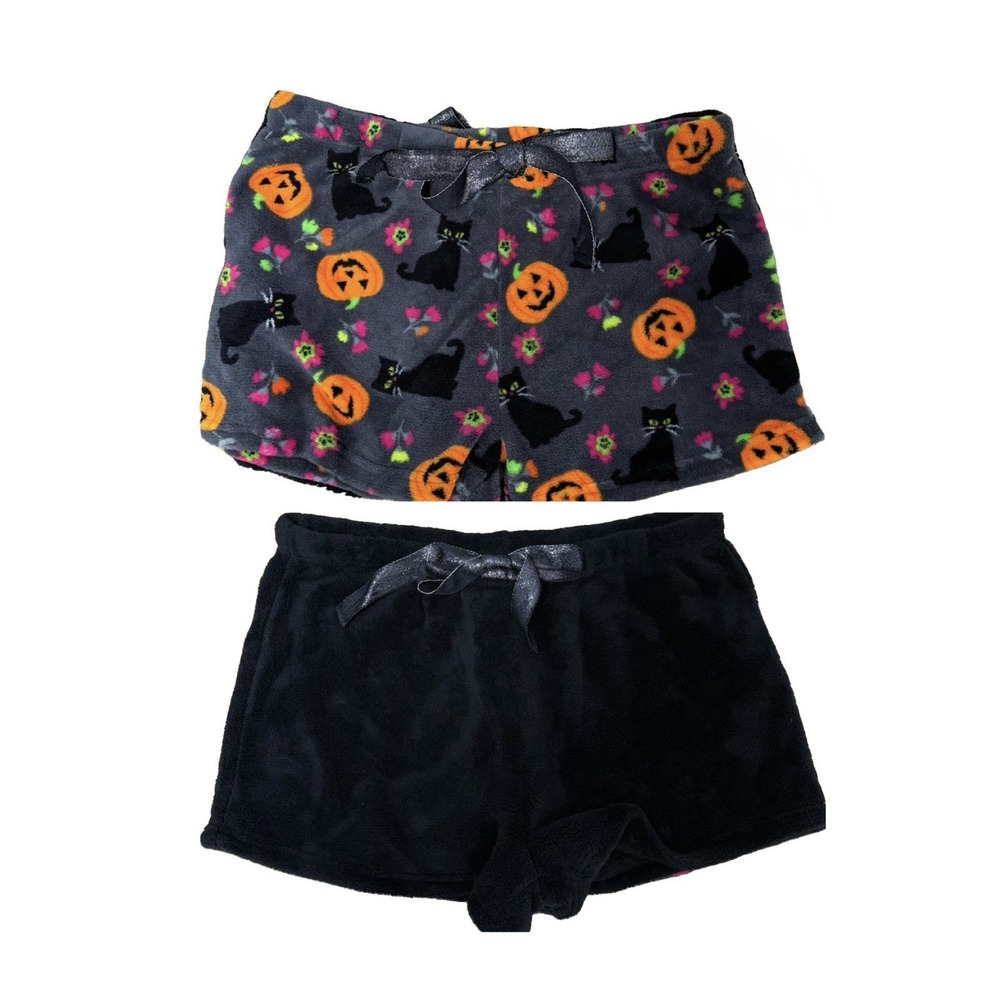 NWOT Pillow Talk Halloween Cat Print Fleece 2 Pc Pajama Shorts Set L Black Cats